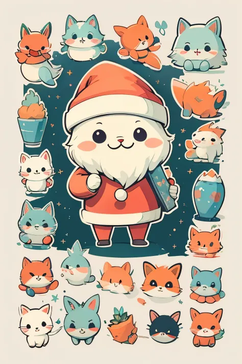 Group of cute santa animal, watercolor painting, Simple background, Minimal, Cute, Tiny, pastel color, Vector style, handbook, separate image.