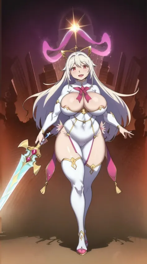 e,, holy magicalgirl, open mouth fang, holy haura, halo, smile, joyfull, paladin, sword holding, full body , boots, standing,cute,breast, curvy, female,fantasy goddess,there is a cartoon picture of a woman with a very large breast, glowing angelic being, g...