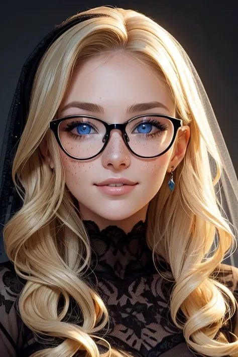 A beautiful 23 years old woman, with short wavy blonde hair, wearing glasses and a black veil, blue eyes, freckles, happy facial expression.