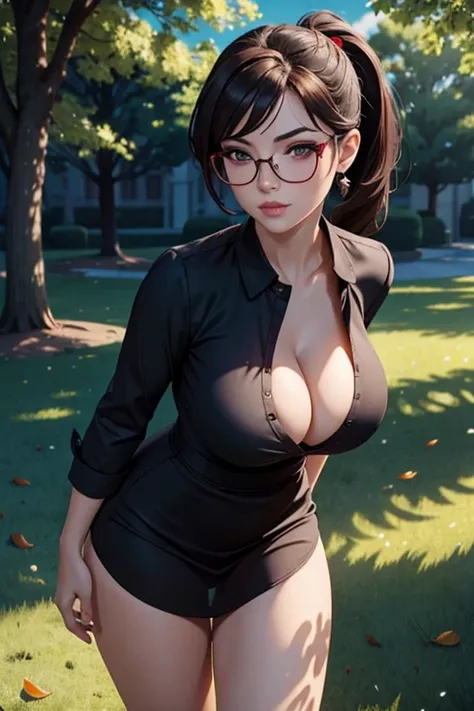 Only one european woman, Theres an adult woman in a park, Summer Dress, Glasses, Dark Hair, Ponytails, beautiful chest, big boobs, Clivage, Red lipsstick , Shadow eyed, Eyeliner, , Second life avatar, Beautiful screenshot, Second life,, full body view, Fro...