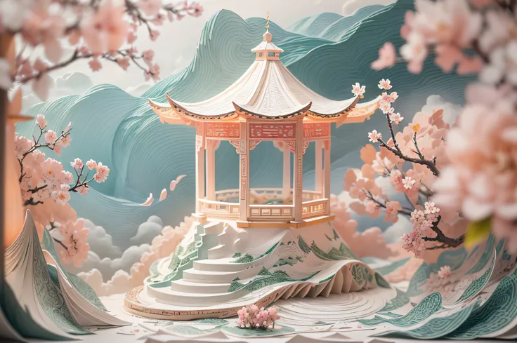 gazebo,(Paper carving:1.5),Tilt-Shift,  (Sea of white clouds:1.3), (White clouds:1.3), (peach blossom:1.2), Mountains, Soft lighting，Oriental elements, Dreamy, Pastel colors, Bright colors, Traditional Chinese color scheme, ( reasonable design, Clear lines...