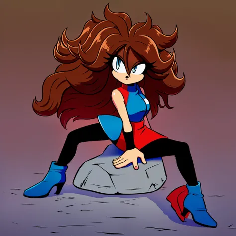 ((1girl)), ((solo)), female, mobian, Hedgehog, brown fur, furry, sitting crossed leg, sitting on a large rock, ((Her attire is a sleeveless short blue and red checker pattern high-neck minidress, opaque black tights, matching black detached arm sleeves, an...