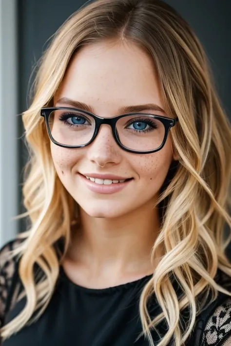 A beautiful 23 years old woman, with short wavy blonde hair, wearing glasses and a black veil, blue eyes, freckles, happy facial expression.