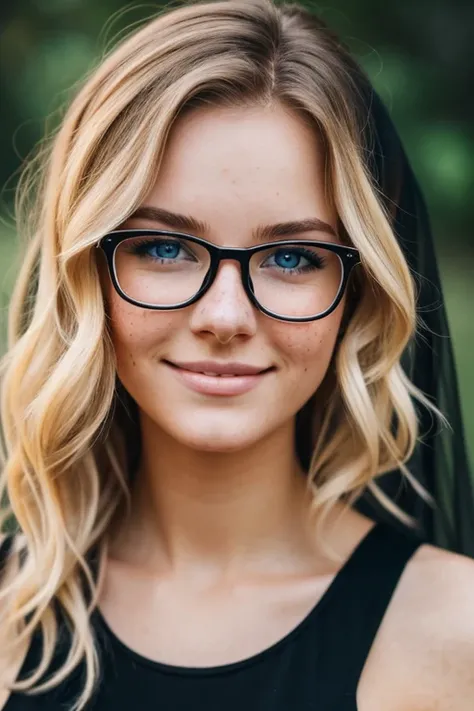 A beautiful 23 years old woman, with short wavy blonde hair, wearing glasses and a black veil, blue eyes, freckles, happy facial expression.