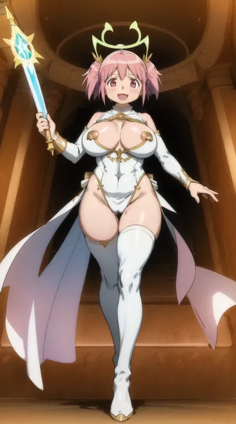 e,, holy magicalgirl, open mouth fang, holy haura, halo, smile, joyfull, paladin, sword holding, full body , boots, standing,cute,breast, curvy, female,fantasy goddess,there is a cartoon picture of a woman with a very large breast, glowing angelic being, g...