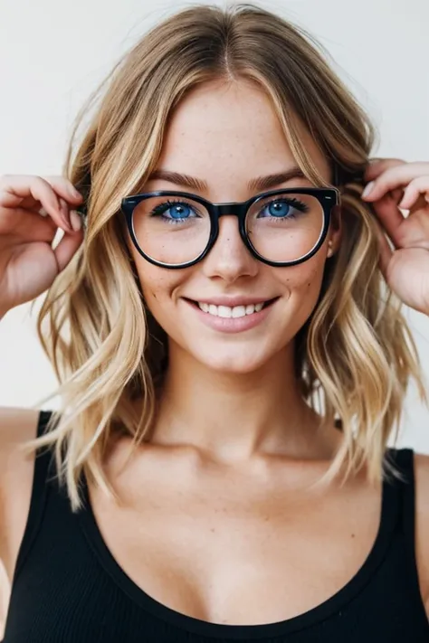 A beautiful 23 years old woman, with short wavy blonde hair, wearing glasses and a black croptop, blue eyes, freckles, happy facial expression.