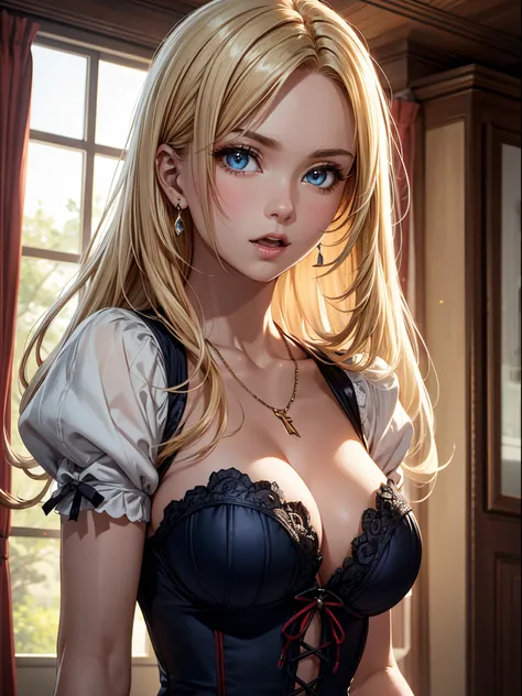 (​masterpiece), (top-quality), sunset, natural lights, ,(realistic:1.5), 1girl, long blonde hair flowing in the wind, athletic, looking at viewer, eye contact, stunningly beautiful 20 years old courtesan, victorian era, corset, cleavage, dynamic pose, acti...