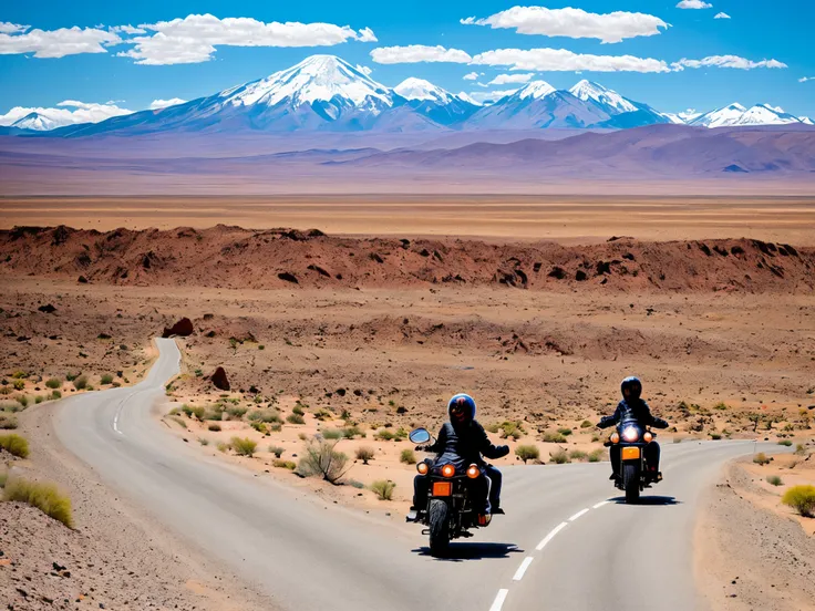 traveling on a motorcycle in the Atacama Desert with the hand of the desert on the right side of the image and the Andes Mountains in the background