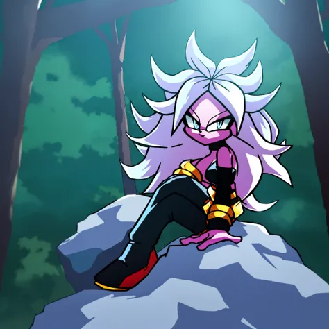 ((1girl)), ((solo)), female, mobian, Hedgehog, pink fur, furry, sitting crossed leg, sitting on a large rock, (Her attire is a black cropped low cut tube top, black arm sleeves with gold bracelets at the ends, black heeled boots, and white baggy pants)), (...