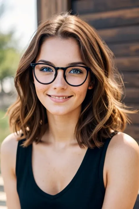 A beautiful 23 years old woman, with short wavy brown hair, wearing glasses and a black croptop, blue eyes, freckles, happy facial expression.