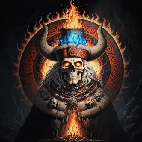 a poster of a fire with a skull in the middle, xamanismo, shamanic poste, : native american shamen fantasy, imortal, viking shaman, arte detalhada da capa, power metal album cover, desumano, shaman witch, Sandman, Arte Promocional, Shambala, ele homem, con...