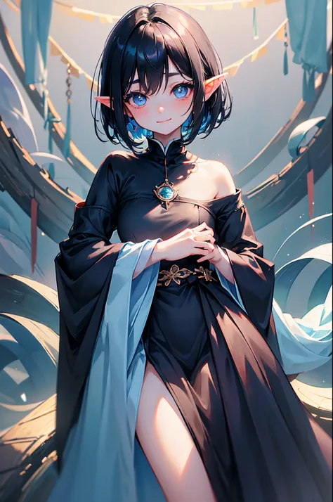 short black elf。cute little。Beautie。high-level image quality。Beautiful eyes。soio。well-styled。Hanging eyes。adult-like。Bewitching feeling。Wearing clothes that are less revealing。Short Bob。A dark-haired。Light blue eyes。Smiling。