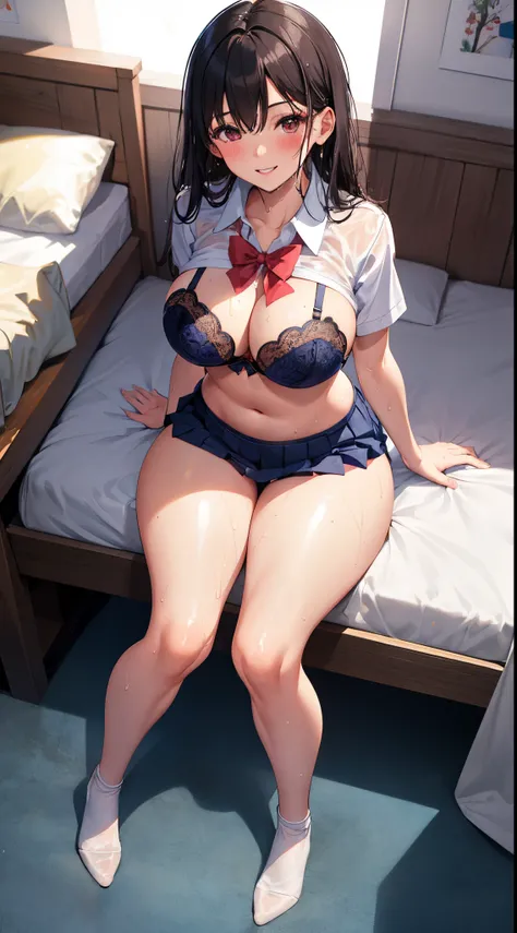 1girl in, Parted lips, blush, makeup, lightsmile, School uniform, Full body, Wide Angle, From  above, crass room, llight rays, Glow, thighs thighs thighs thighs, 鎖骨, Narrow waist, (masutepiece), Wallpaper,Wet body、Bra visible from inside clothes