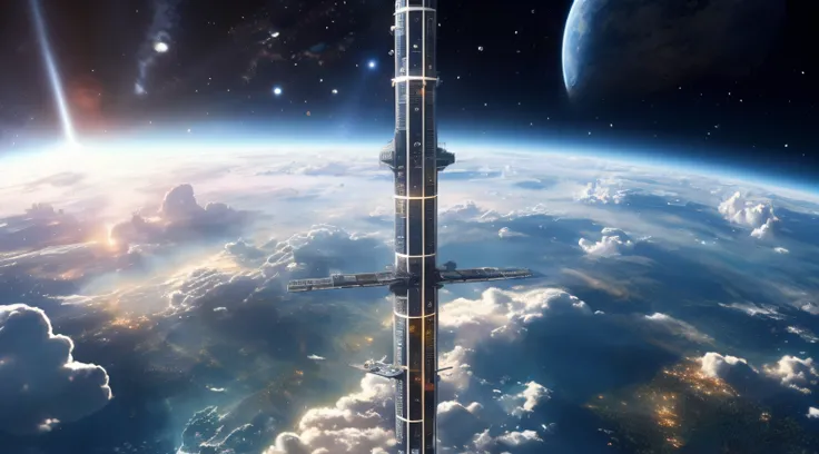 Spacecraft fly over Earth，Can see the sun and clouds, space elevator, russian orbit city cityscape, Future space station, A city floating in the air, scifi space station, orbital station, future orbital station!!!!, futuristic tower, Future skyscraper, A s...