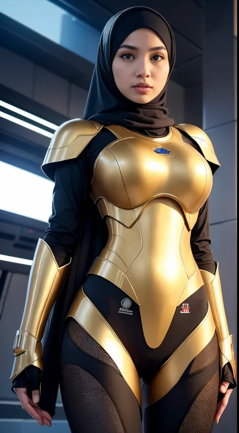 RAW, Best quality, high resolution, Masterpiece: 1.3), Beautiful Malay woman in hijab,Masterpiece, best quality,8k, brown eyes, perfect eyes,Imagine the Malay girl in hijab in a futuristic command center, strategically coordinating her mecha suits actions ...