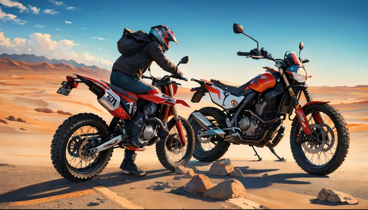 Duas motos no atacama passando ao lado da mao do deserto com vulcoes ao fundo.