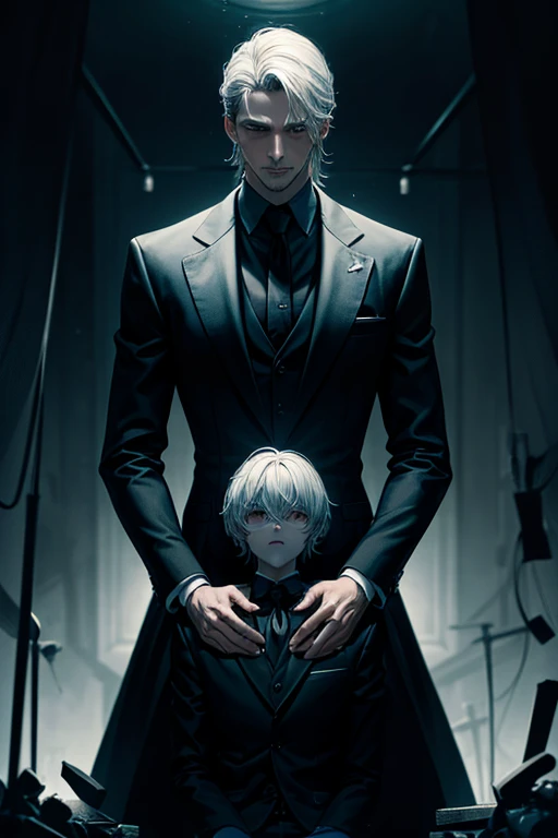 a man symbolizing Dysfunctional game theory, psychology, love, Maripulation, Dark, rod in black suits