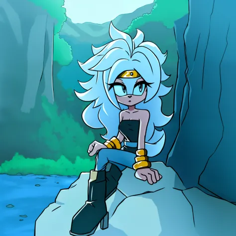 ((1girl)), ((solo)), female, mobian, Hedgehog, pink fur, furry, sitting crossed leg, sitting on a large rock, (Her attire is a black cropped low cut tube top, black arm sleeves with gold bracelets at the ends, black heeled boots, and white baggy pants)), (...