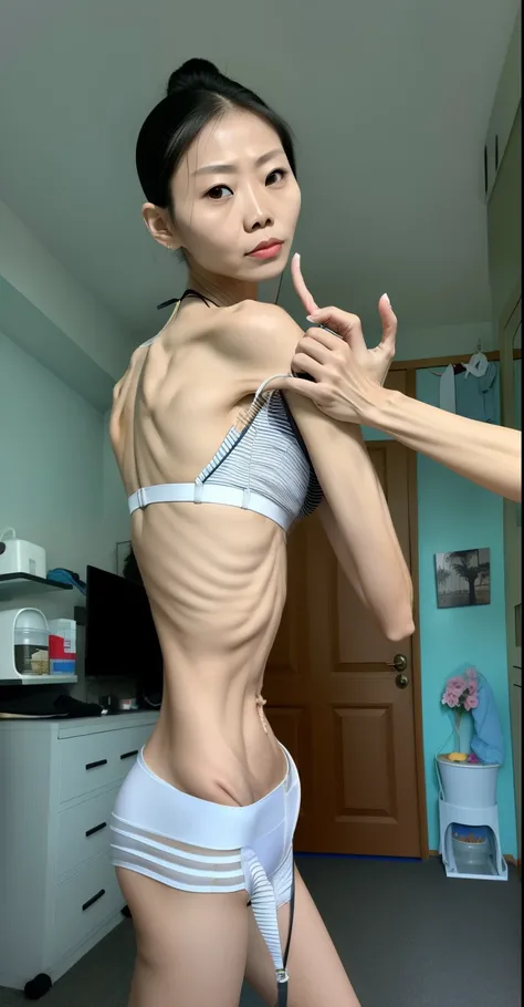 very thin woman，A thin body，Protruding sternum，The waist is very thin，The ribs are noticeable，Protruding ribs，The pelvic protrusion is very obvious，The pelvis is markedly elevated，Legs are just skin and bones，Fair skin，thin shoulde，The waist is very thin，S...