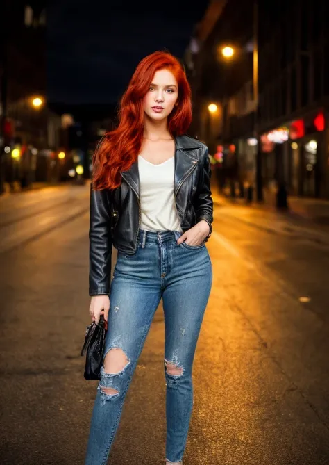 Masterpiece, a red-haired woman standing on a street, she is wearing jeans and a leather jacket, it is night and there is full canvas, Best quality, Embedded details, Soft light,