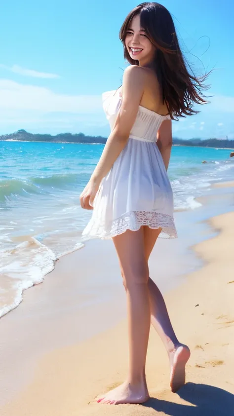 kawaii、long legs and good style、a smile、Beautie、sand beach