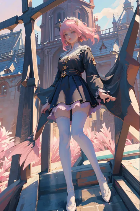 ((tmasterpiece, Best quality)), Detailed faces, character  design，Full body lesbian, be full of details, The content is very detailed, depth of fields, beuaty girl，summoning，in pink，Fantasy style，Lace pantyhose，Extremely beautiful，high balance, Natural sof...