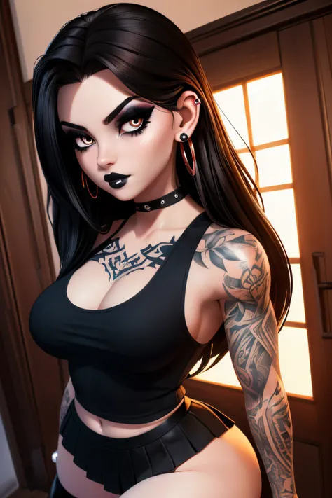 ((ultra quality)), ((tmasterpiece)), goth girl, ((long black hair), ((there are piercings and rings in the ears)), beautiful cut...