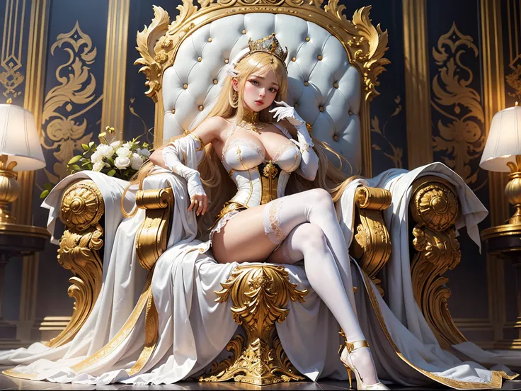 in the throne room、A luxurious golden throne in the Rococo style、sit cross-legged、Put on a gorgeous tiara、Wearing long white gloves、Wearing white stockings and a white garter belt、wearing white high heels、with big breasts、slightly showing nipples、Seen from...