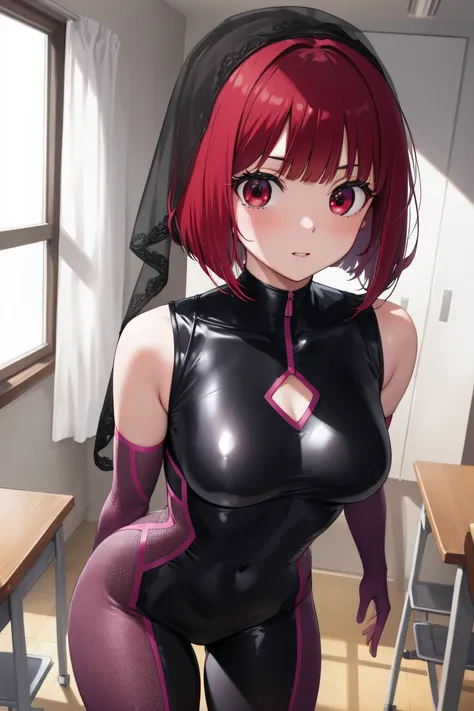 kanaarima, kana arima, bob cut, (red eyes:1.5), red hair, short hair,
break armor, bodysuit, pauldrons, purple bodysuit, shoulde...