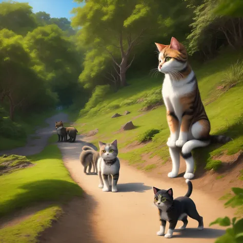 Crie uma paisagem com muito verde e nele dois cachorros e um gato brincando