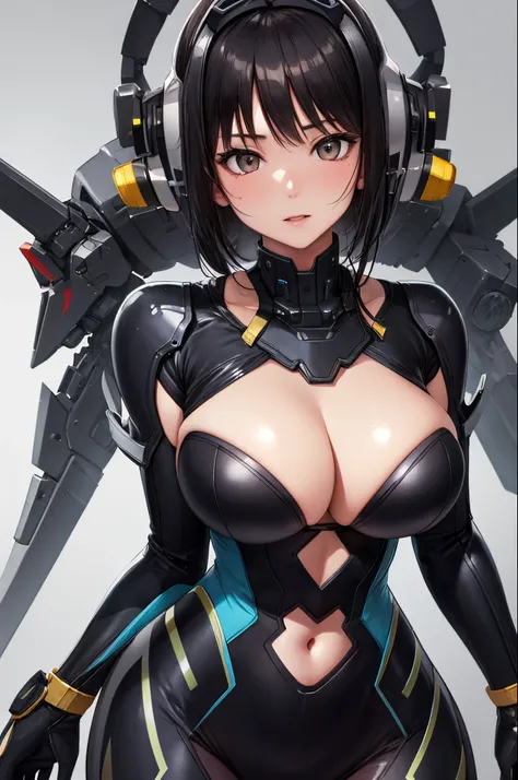 ​masterpiece、Top image quality、Black hair、Black bra、Colossal tits、mechs、animesque、8K,​masterpiece, bset quality,Colossal tits、（1girl in）、((Pit Girl Suit))、shinny skin、Shiny big、dark-brown eyes、 ((top-quality))、 Crisp focus:1.2、Highly detailed facial and sk...