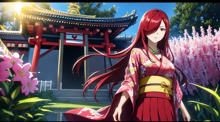 erza, 1girl, solo, long_hair, medium breasts,brown_eyes,red_hair,hair over one eye, standing, looking at viewer, flowers kimono, praying beads on neck, long skirt, flowers field athens temple, anime style,deep depth of field,wide angle view,Lumen Reflectio...