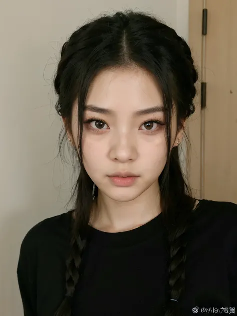 Arafed Mujer con cabello largo y negro y una camisa negra, ulzzang, Wan adorable cara coreana, Korean symmetrical face, Joven y adorable rostro coreano, Rasgos de la cara coreana, south east asian with round face, Blackpink Jennie, Beautiful aesthetic face...