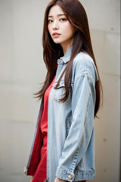 of the highest quality, 1 beautiful woman, age 28, S, 35mm lens, F/1, Cowboy Shot, Concrete background、Tile background、Medium straight hair、Riders Jacket　Shirt、Light red-brown hair、From Side、Realistic eyes