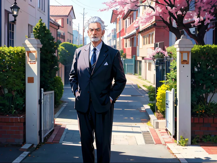 A high resolution，HighestQuali，illustratio，ultra - detailed，（详细的脸），（Detailed eyes），A middle-aged uncle with white hair，Standing outside the school gate，Wearing a uniform，showing a very surprised expression，There are other people around