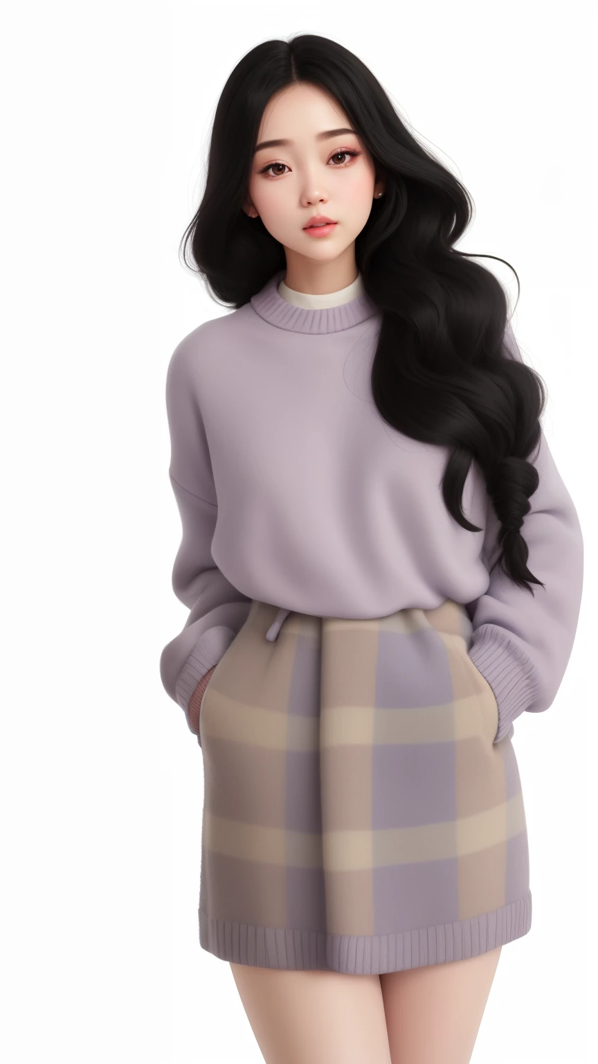 (best quality), big head, Pastel , Sweater , Knitt , Furr Fabric , Winter Vibing , Black Hair , Lilac , Pretty girl , Korean , UHD , 8K