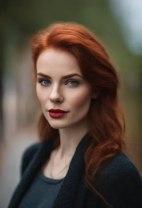 beautiful  detailed face, A beautiful woman with red hair looks into the camera, Looks like a widowed sister, panasonic lumix s pro 50mm f/1.4, anne stokes, splash of color, Light blue and pink, Ferania p30, photograph realistic, (Attractive young woman:1....