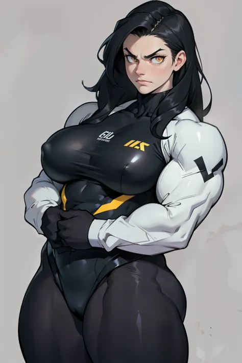 ((1girl)) pale skin (huge breasts) (muscular) toned body thick thighs black hair yellow eyes (long hair grey background) bodybuilder frowning long sleeve leotard