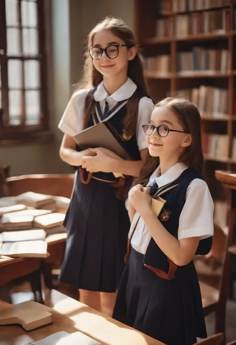 European and American middle school girls，in school uniform，ssmile，wearing school bag，Books in hand，Wears black-framed glasses，Like real people