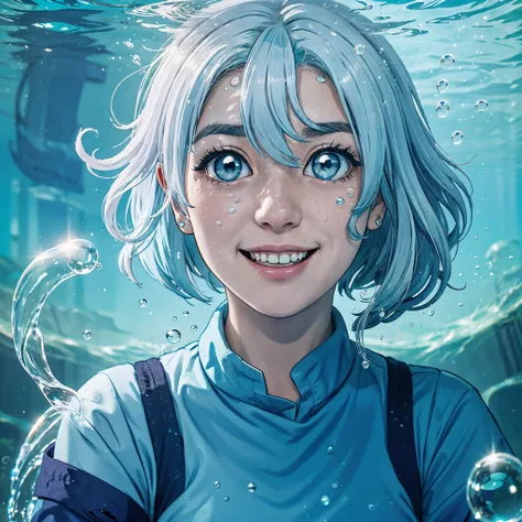 masterpiece, best quality, 1 girl, furina, genshin impact, white hair, blue hair, cute, tear shaped pupils, happy, smile, underwater, & bubbles, sea, abandoned city