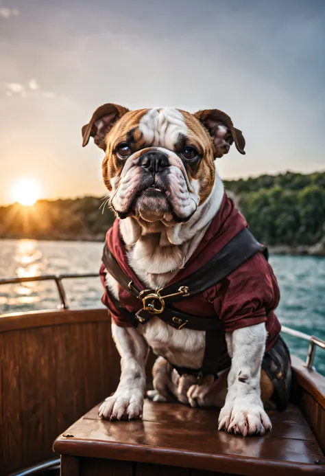 chien Bulldog français, french, déguisé en pirate, sur un bateau pirate, sur leau, couché de soleil