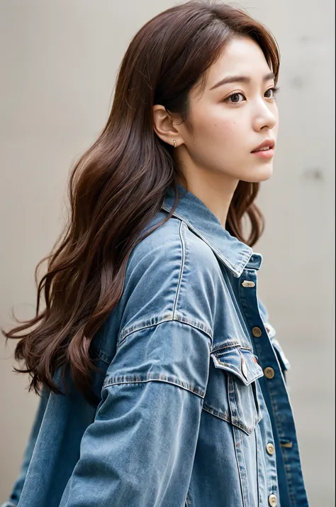 of the highest quality, 1 beautiful woman, age 28, S, 35mm lens, F/1, Cowboy Shot, Concrete background、Tile background、Medium perm hair、Riders Jacket　Shirt、Light red-brown hair、From Side