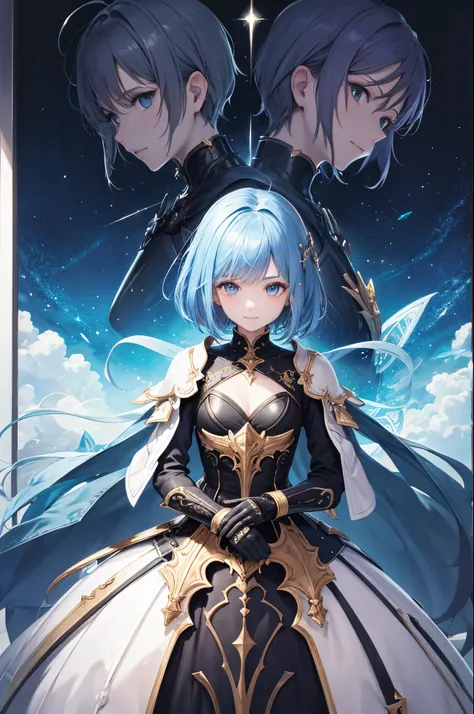 top-quality、Top image quality、​masterpiece、超A high resolution、android beautiful girl、sixteen years old, Cybersuit glowing black, The source of the red energy in the chest、Blue hair、short-haired,Blue eyes、A slender、Gentle smile、The face is depicted in detai...