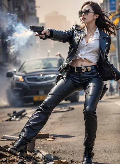 Photoreal Stick、Ultra high definition image quality、​masterpiece、Drama filming, Undercover Agent, Medium-breasted women,Sunglasses, Black pants, Bag and magazine on the belt, Black Riders Leather Jacket, White tight shirt, holster, rivet, explosions, gun f...