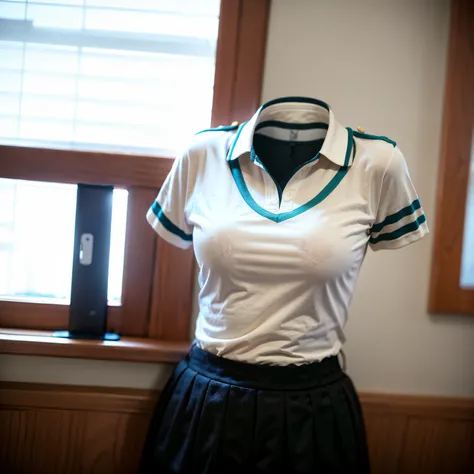 polo shirt, school uniform, classroom, high school, Swayback stance, Overall, (invisible:1.5, no humans:1.5, headless:1.5, faceless:1.5), (cute big breasts), (close-up shot of breasts), (8k, RAW photo, best quality, masterpiece:1.2), (realistic, photo-real...