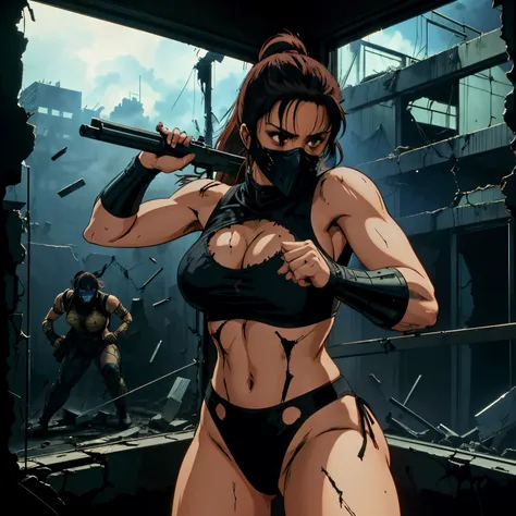 hnkstyle, hot woman wearing mask, armored bikini, ponytail, fighting a dark force, shooting with a gun through a broken window o...