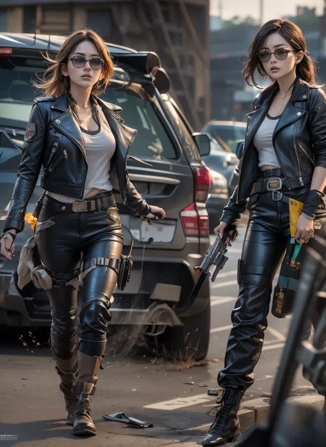 Photoreal Stick、Ultra high definition image quality、​masterpiece、Drama filming, Undercover Agent, Medium-breasted women,Sunglasses, Black pants, Bag and magazine on the belt, Black Riders Leather Jacket, rivet, holster, rivet, explosions, gun fight , Just ...