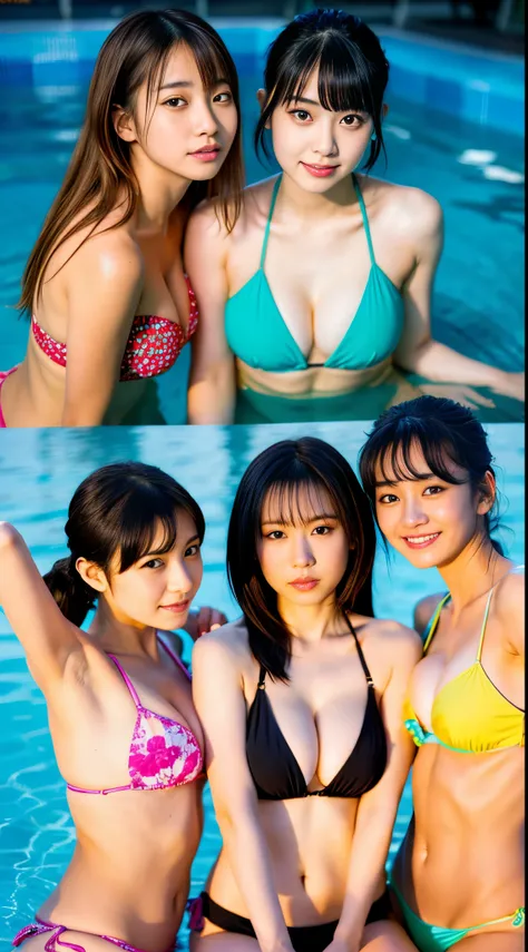 top-quality, masutepiece, 超A high resolution, (Photorealistic:1.4), Raw photo, ultra-detailliert, 

3女の子, 25-years old, Members of Japans most popular idol groups, Enjoy the night pool, Wear a colorful bikini with a cute design, 
Super cute face like a Jap...