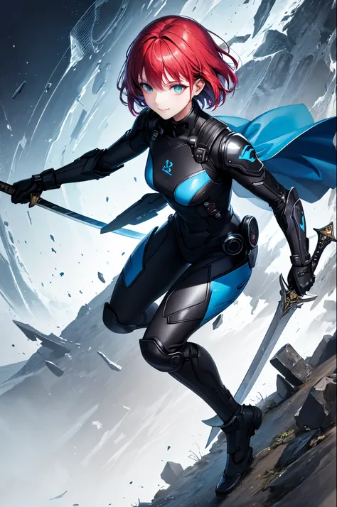 top-quality、Top image quality、​masterpiece、超A high resolution、android beautiful girl、sixteen years old, Cybersuit glowing black, The source of the red energy in the chest、Blue hair、short-haired,Blue eyes、A slender、Gentle smile、The face is depicted in detai...