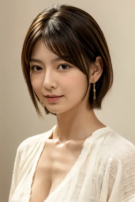 top-quality, ​masterpiece,　8k wallpaper, Photorealsitic, Frontal photo of a beautiful Japanese woman, Colossal tits, Open Shirt, cleavage, short-hair, straight haired, Hairstyle with ears out, A detailed face, A detailed eye, ((See the viewers eyes)), Both...